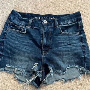 American Eagle Outfitters Dark Blue Frayed Jean Shorts Size 6 High Rise